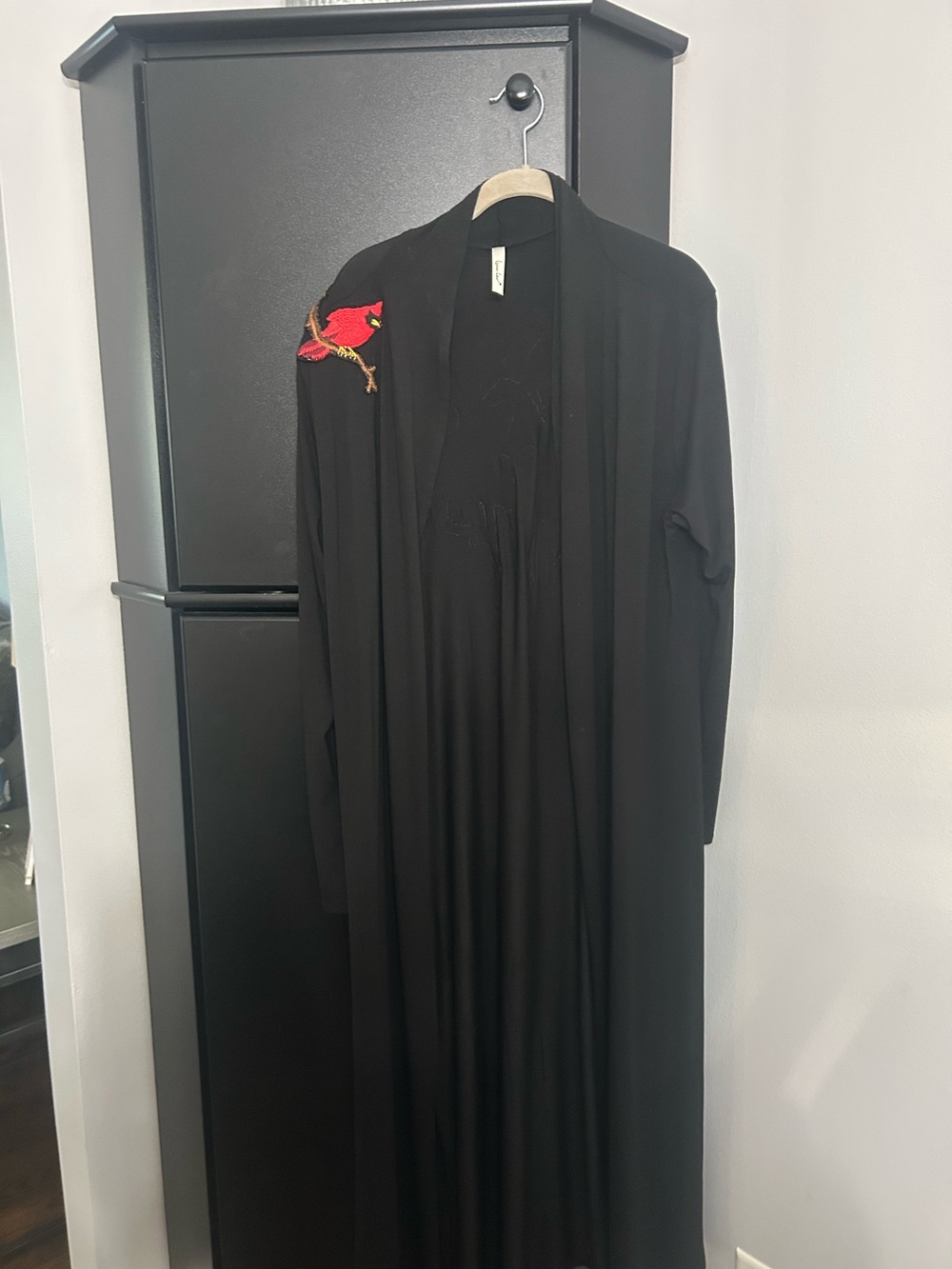 Women's Black Open-Front Cape with Red Bird Appliqué